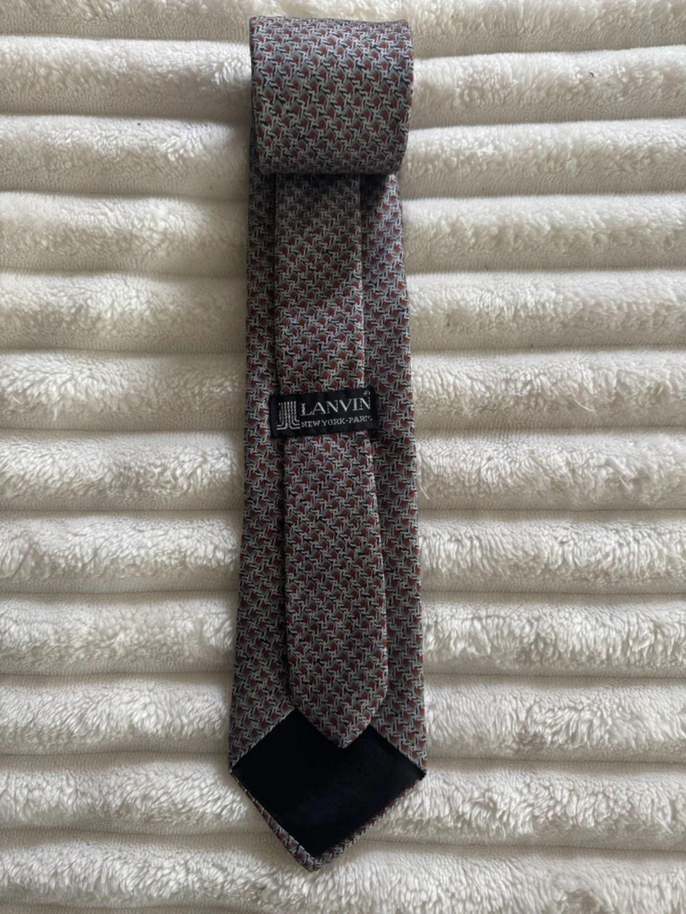 Vintage Lanvin Men's Silk Tie in Red, Gray and Black Geometric Print